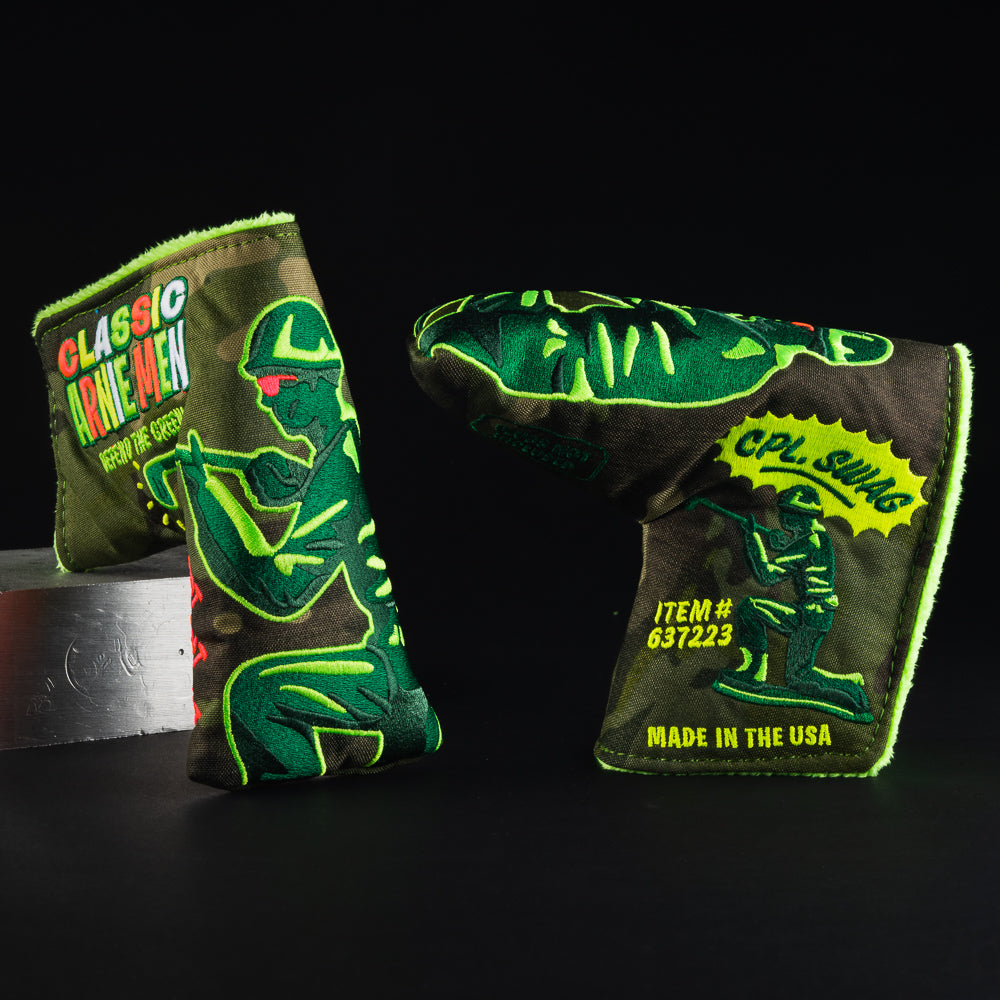 Arnie men green army men themed camouflage blade putter golf club head cover made in the USA.