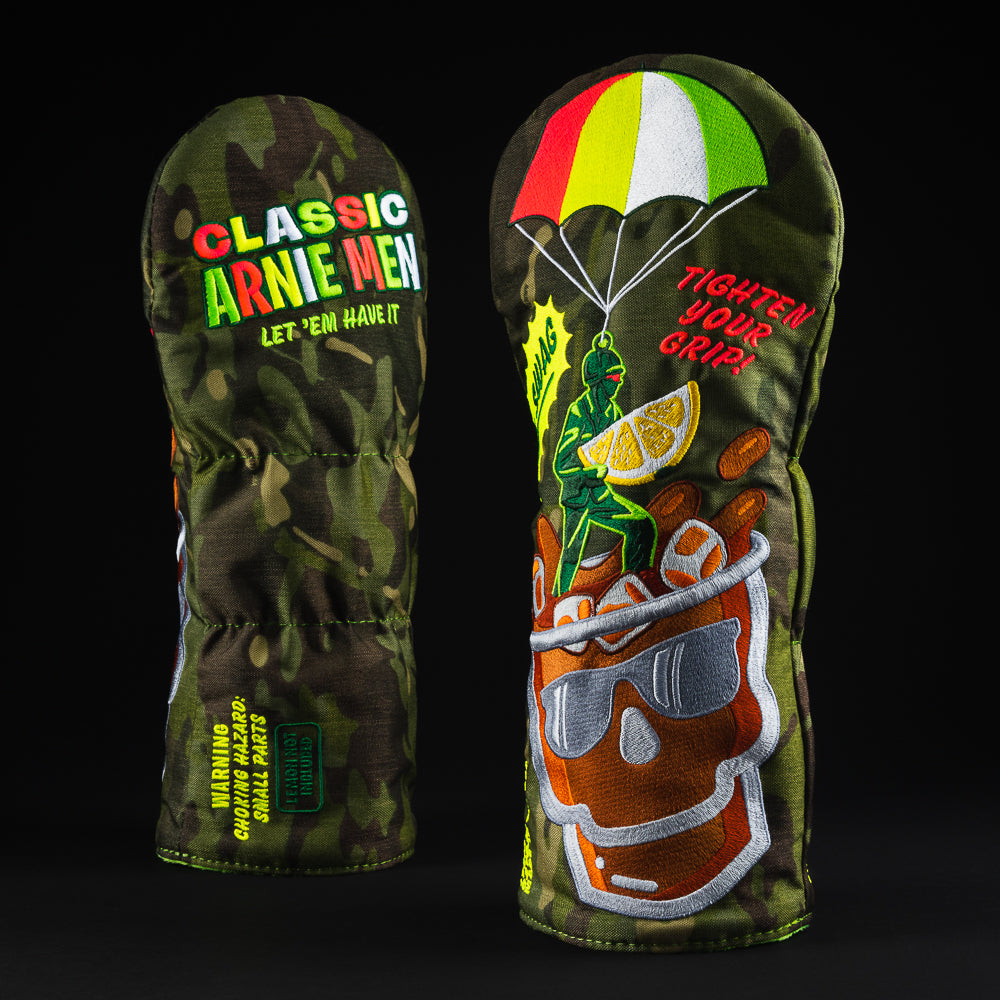 Arnie men green army men themed camouflage driver golf club head cover made in the USA.
