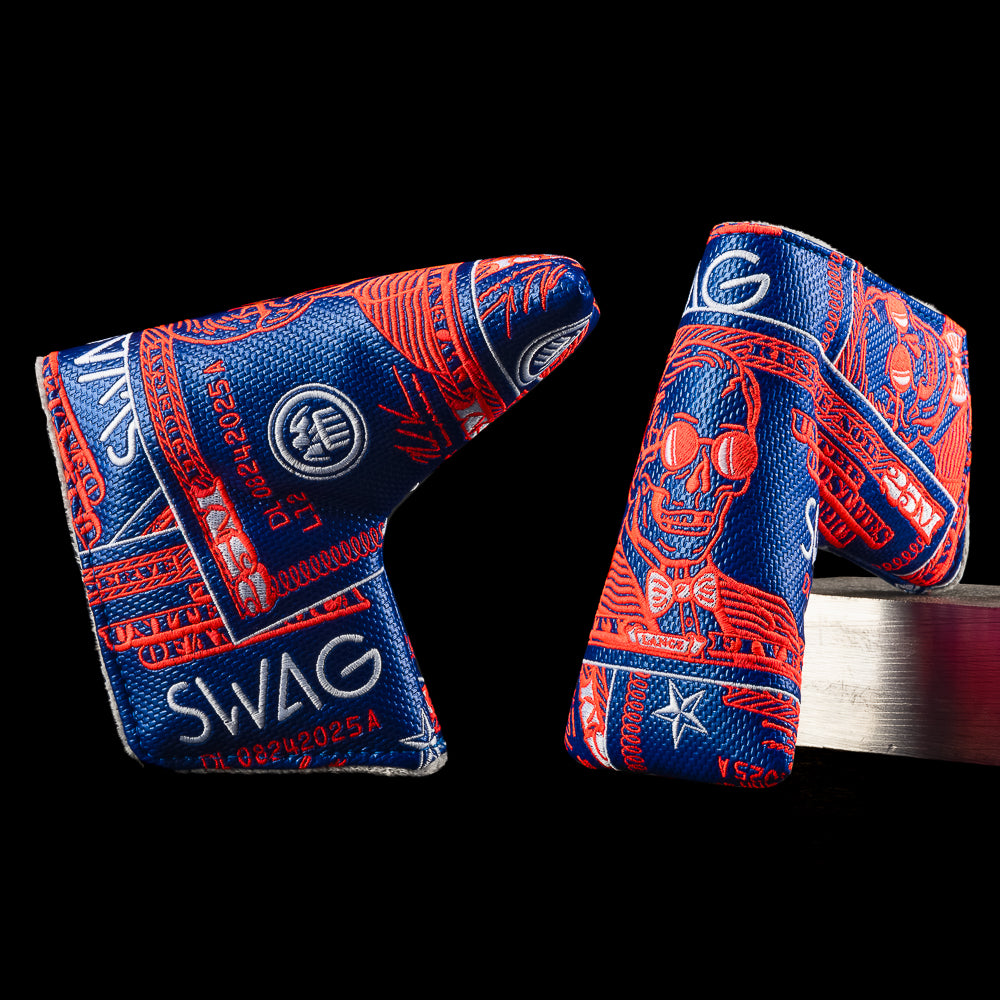 Blue and red SWAG Lance $25M golf club putter cover with SWAG branding and currency theme.