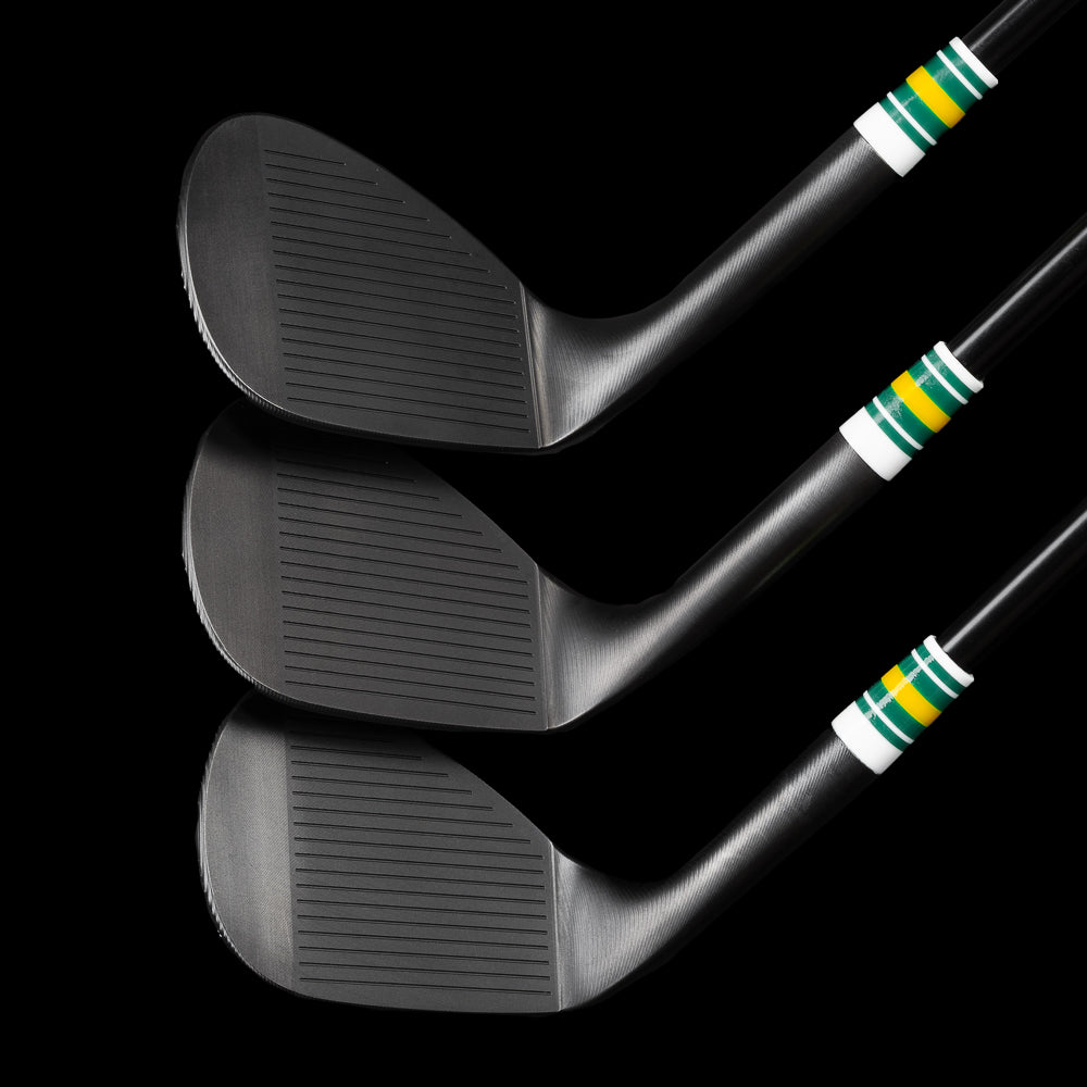 SWAG Golf black, green, and yellow 3-piece forged wedge set that includes a 51 degree, 55 degree, and 59 degree wedges.