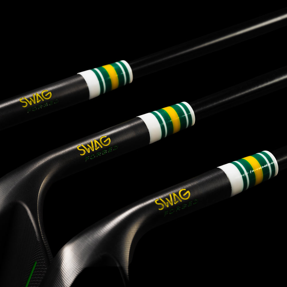 SWAG Golf black, green, and yellow 3-piece forged wedge set that includes a 51 degree, 55 degree, and 59 degree wedges.