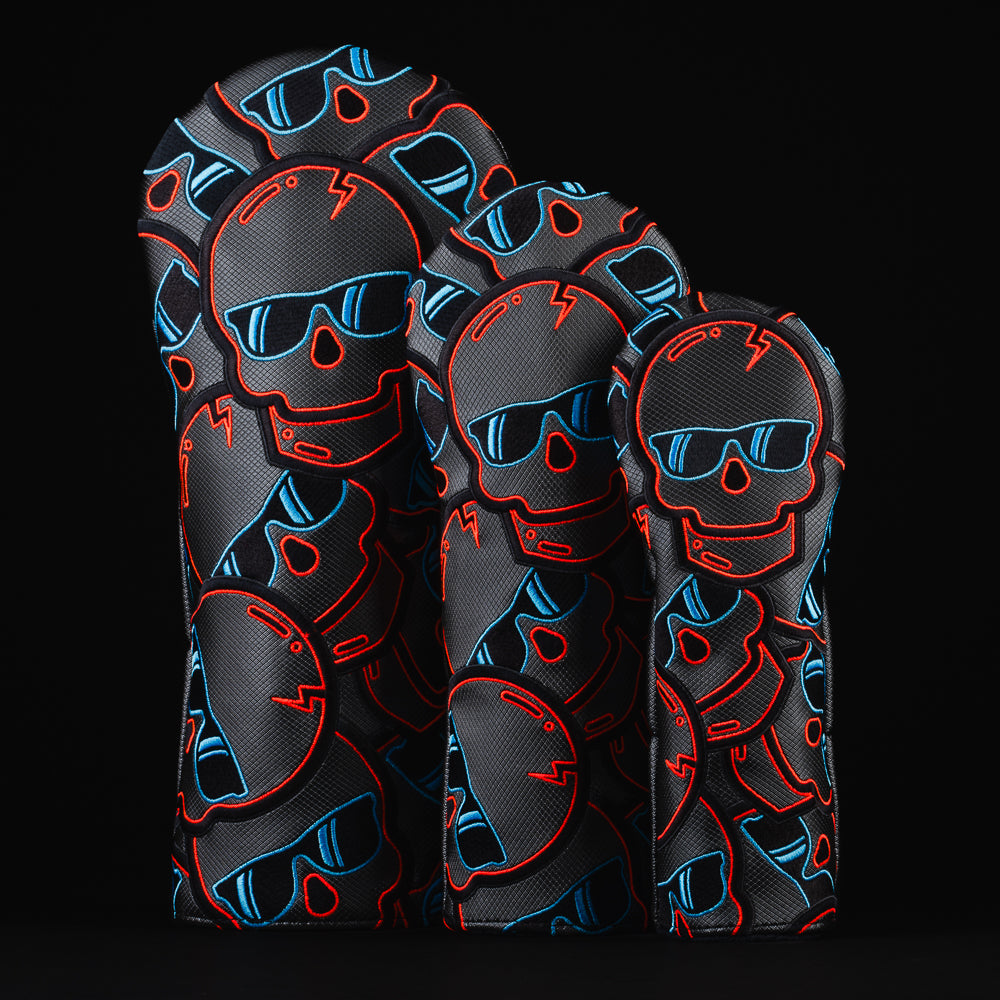 Stacked skulls 2.0 black, blue and red golf wood head cover set of driver, fairway and hybrid.