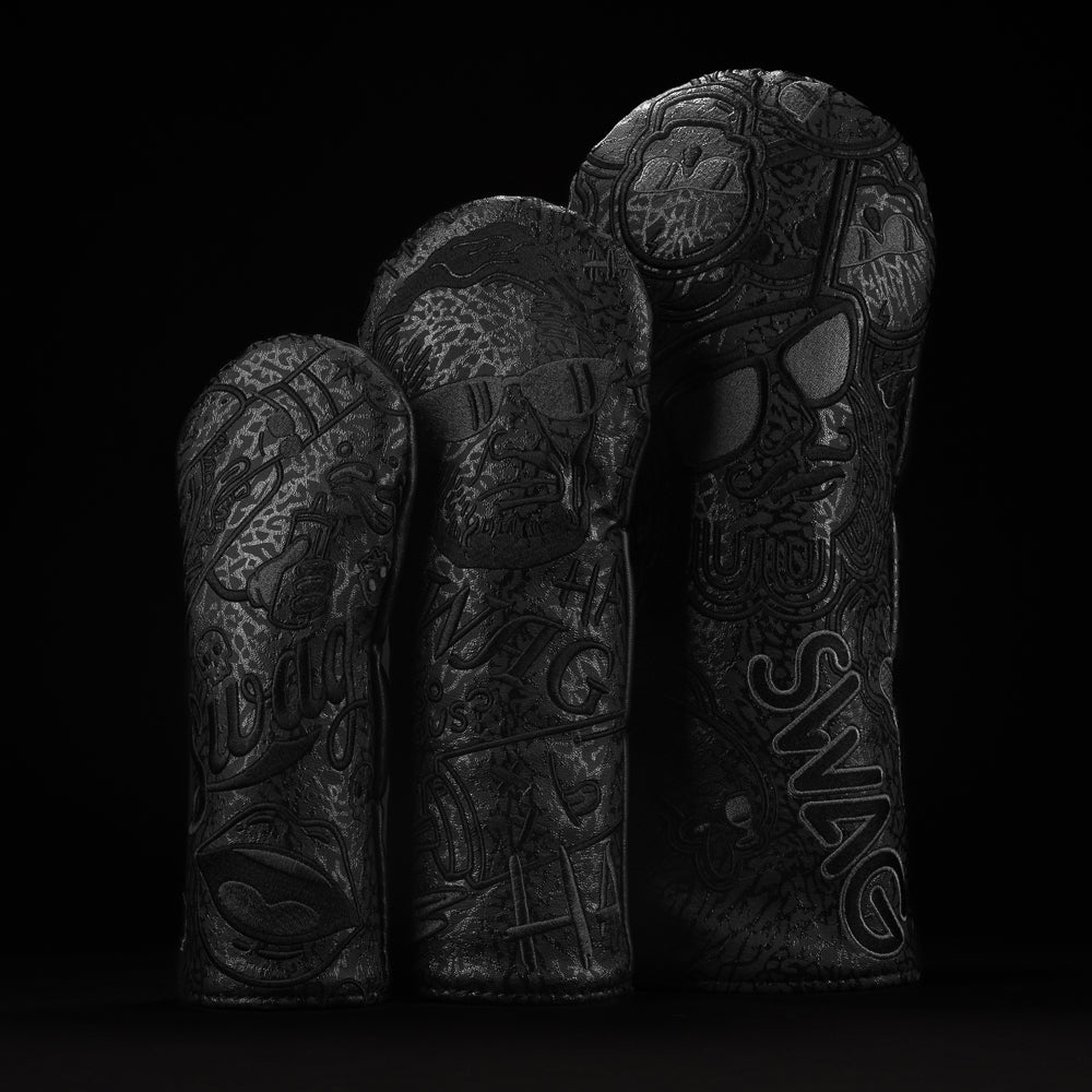 SWAG Golf blackout Greatest Hits Wood Headcover Set featuring a driver, fairway, and hybrid headcovers. Made in the USA.