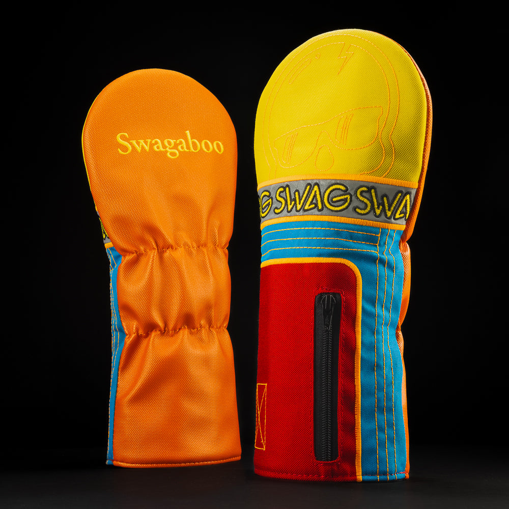 Swagaboo orange, blue, yellow and red driver golf headcover with zipper pocket.