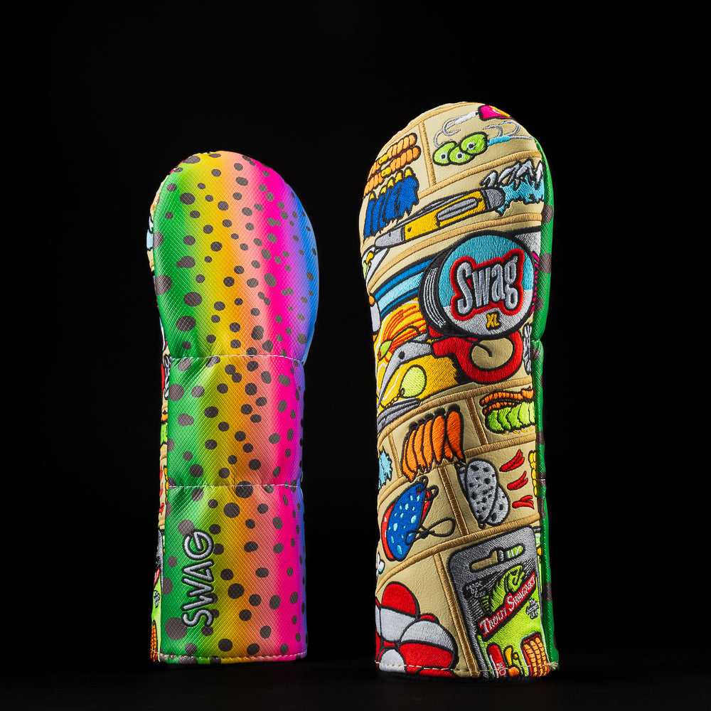 Stay Fly Swagle Box Wood set with a fly fishing scene in blue, pink, purple. And a tackle box fairway headcover with red, white, blue, yellow.