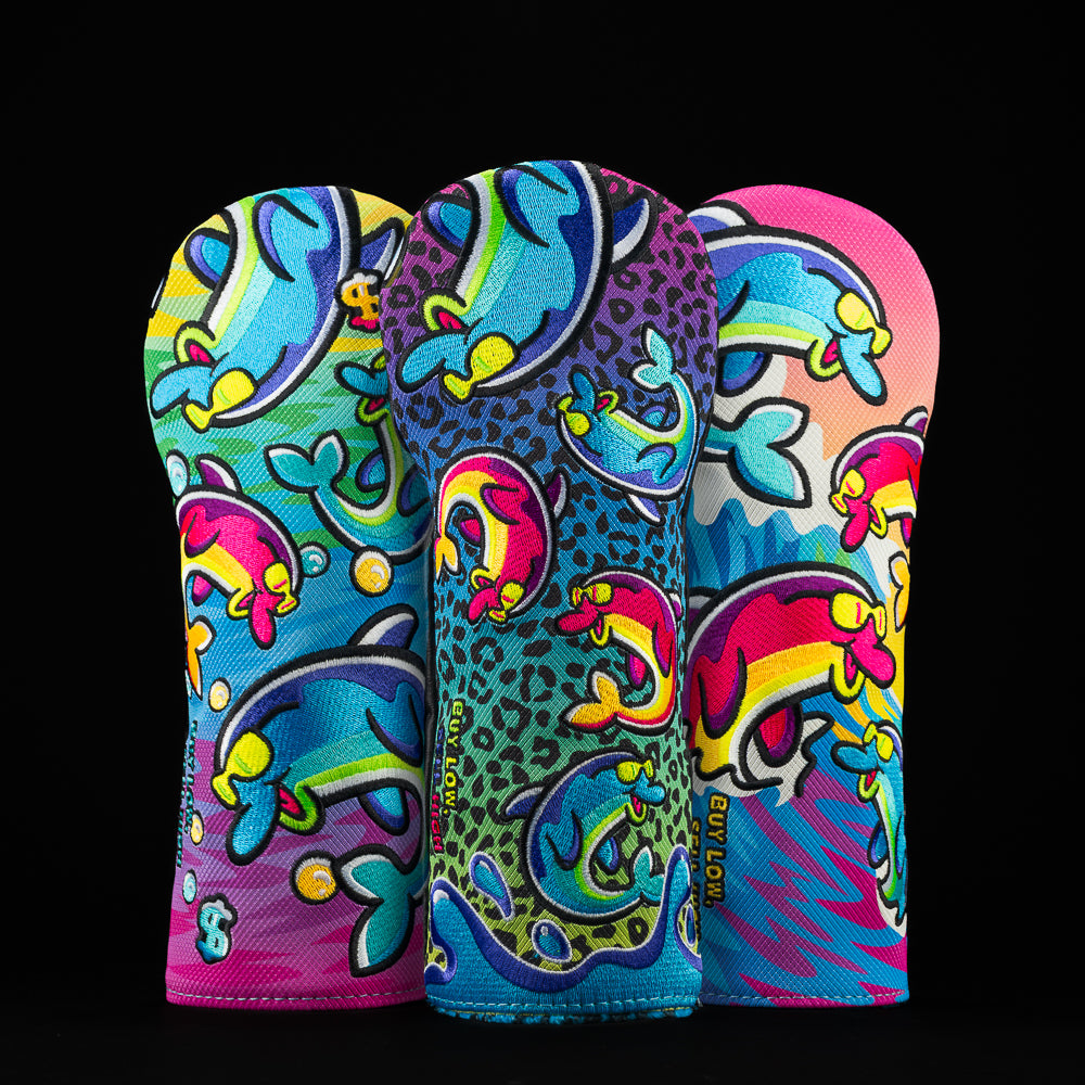 Fairway golf headcover grab bag with rainbow neon dolphins.