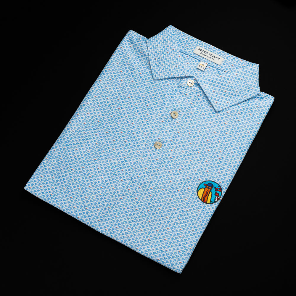 Blue Bbq printt Peter Millar Polo with a hot dog patch with blue, yellow and red.