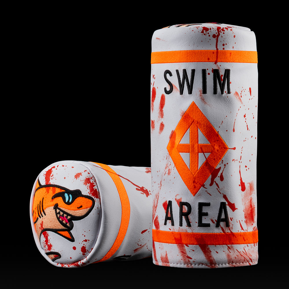 Shark Attack Barrel Driver Headcover featuring shark design with red handprints and SWAG “Swim Area” artwork.