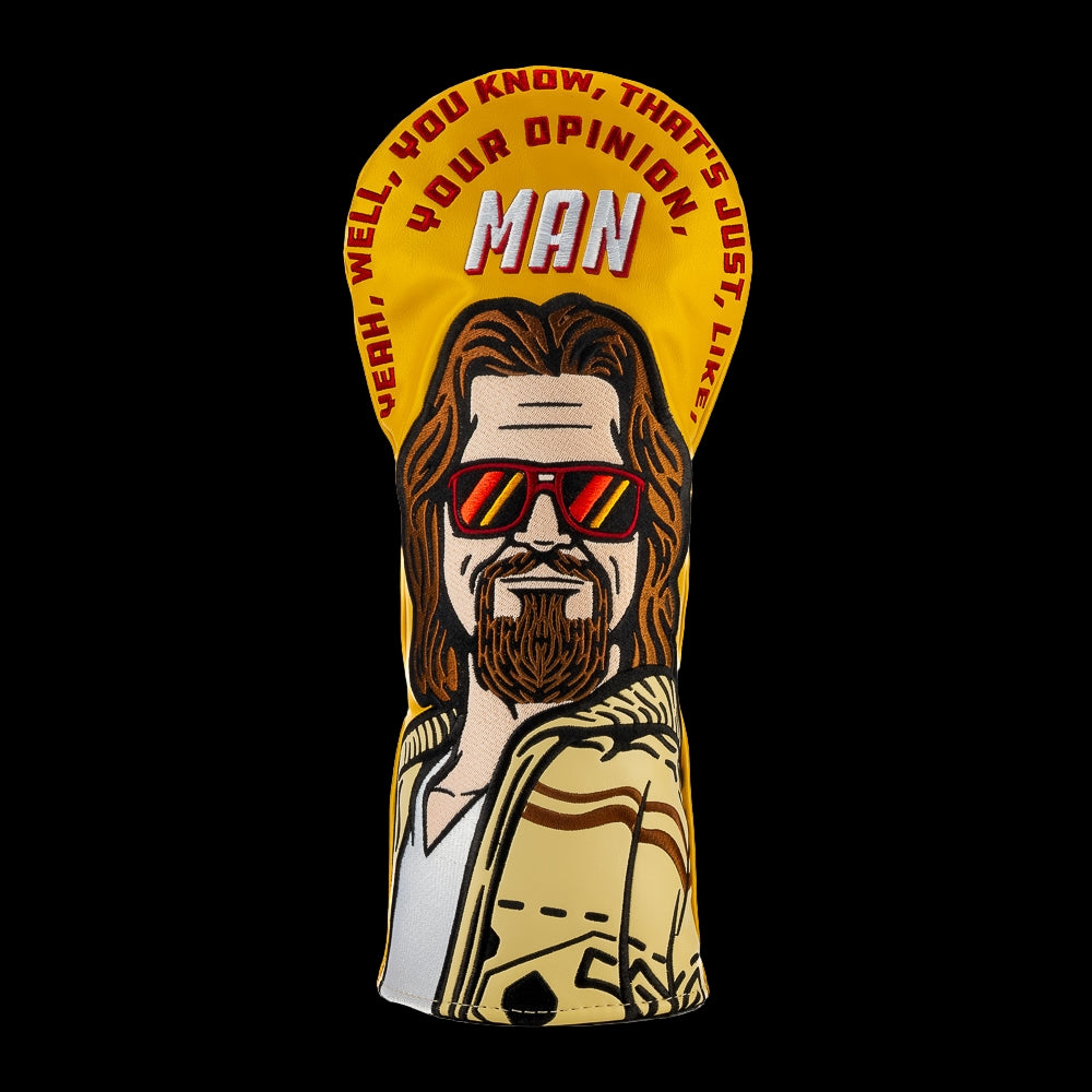 Rewind Golf x The Big Lebowski officially licensed Your Opinion, Man movie themed yellow golf driver headcover.