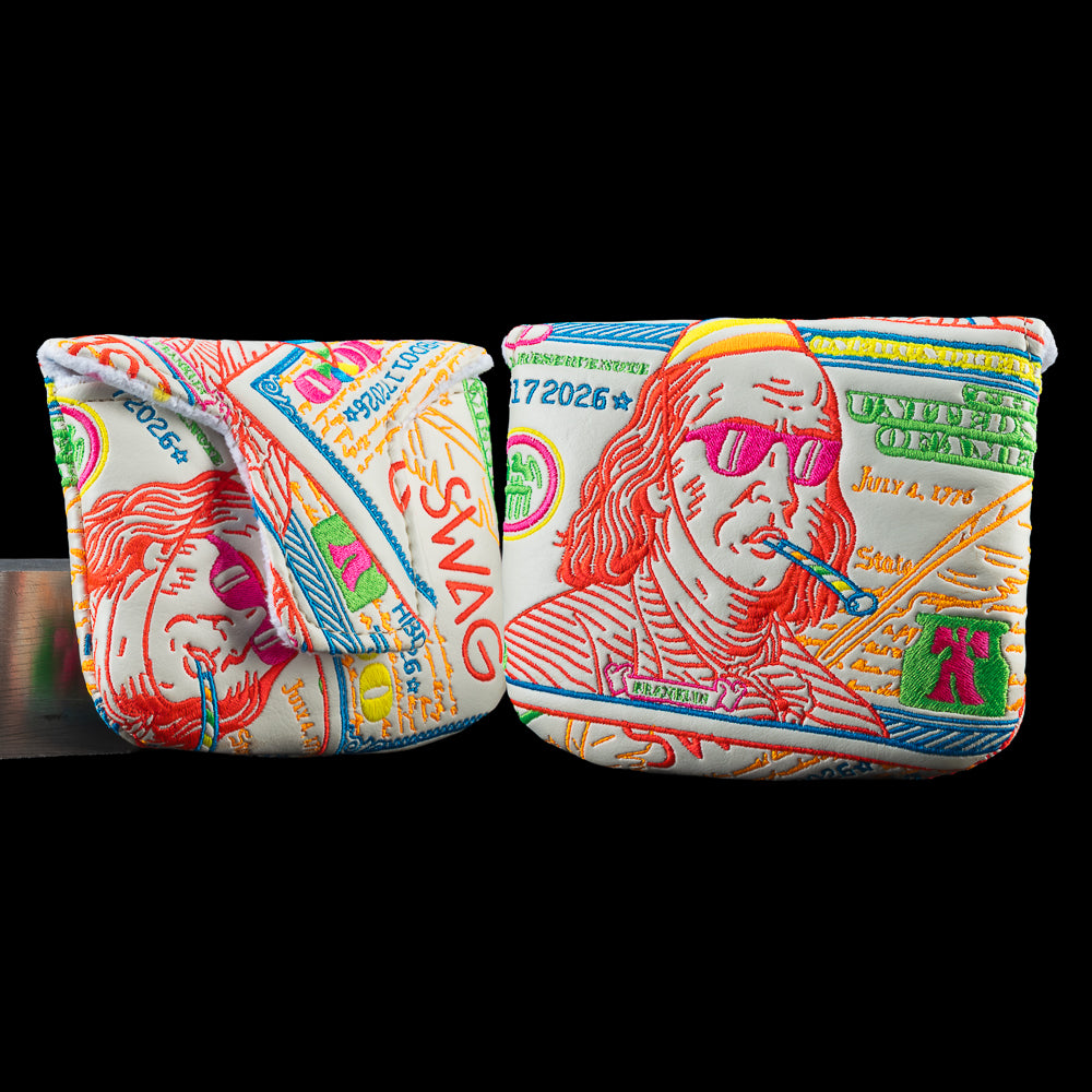 SWAG Golf Happy Birthday $100 Dollar Bill featuring Ben Franklin with a birthday hat and party horn mallet golf headcover.