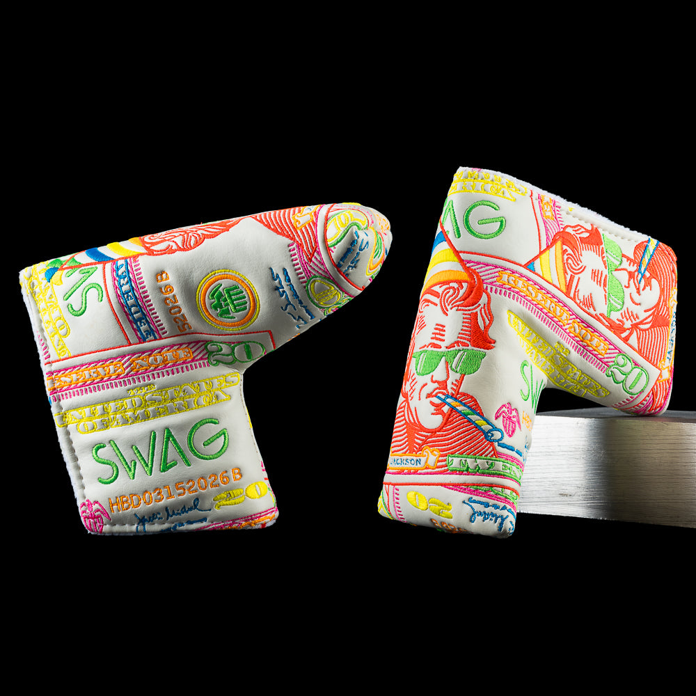 SWAG Golf Jackson Birthday $20 Dollar Bill themed blade putter golf headcover with multi-color white confetti theme.