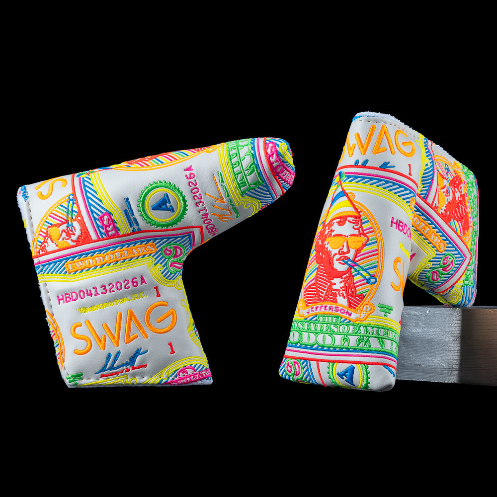 Colorful SWAG Golf golf club head covers featuring Thomas Jefferson birthday dollar bill theme with 'SWAG' branding on a black background
