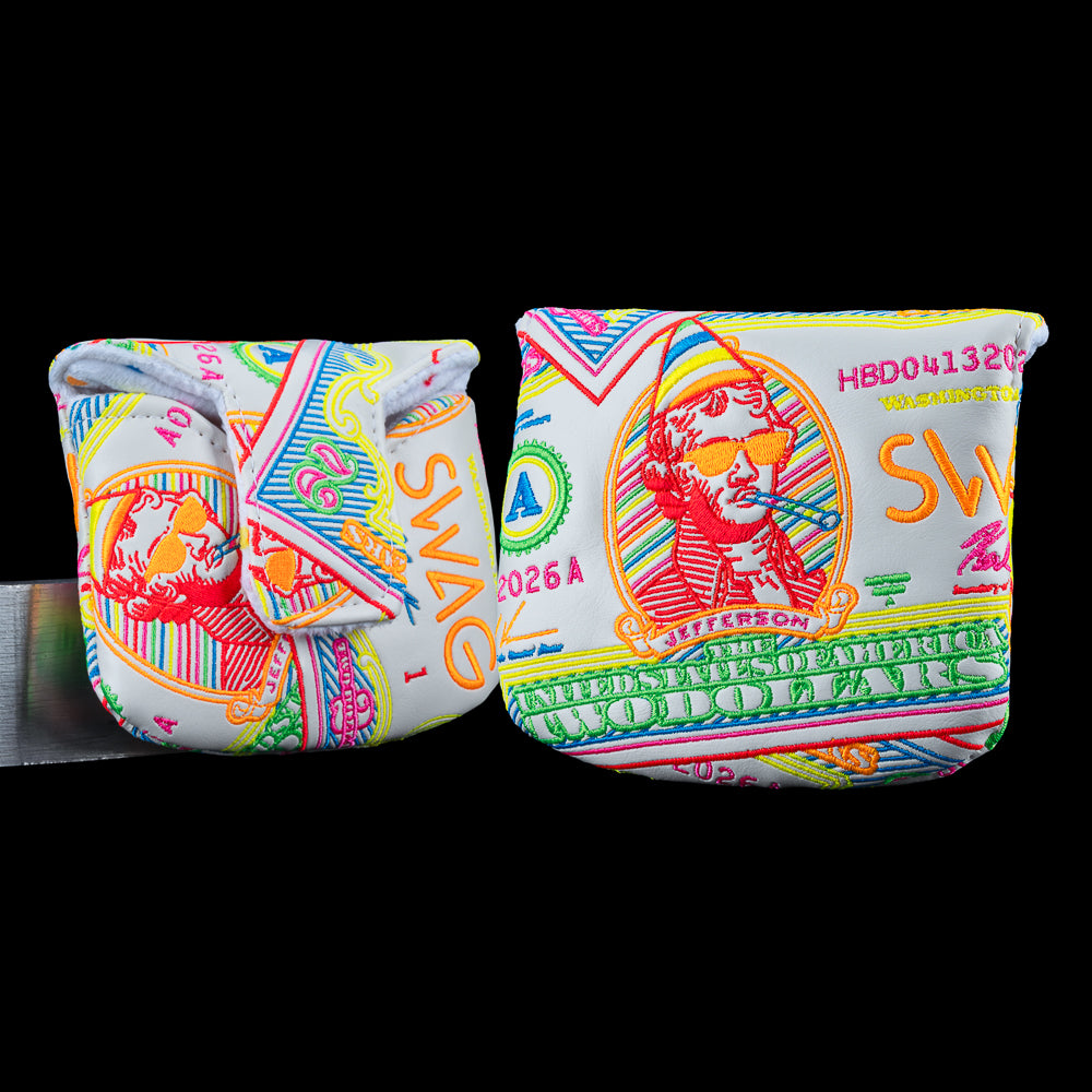SWAG Golf Thomas Jefferson birthday dollar bill themed mallet golf headcover with a white and multi color design.