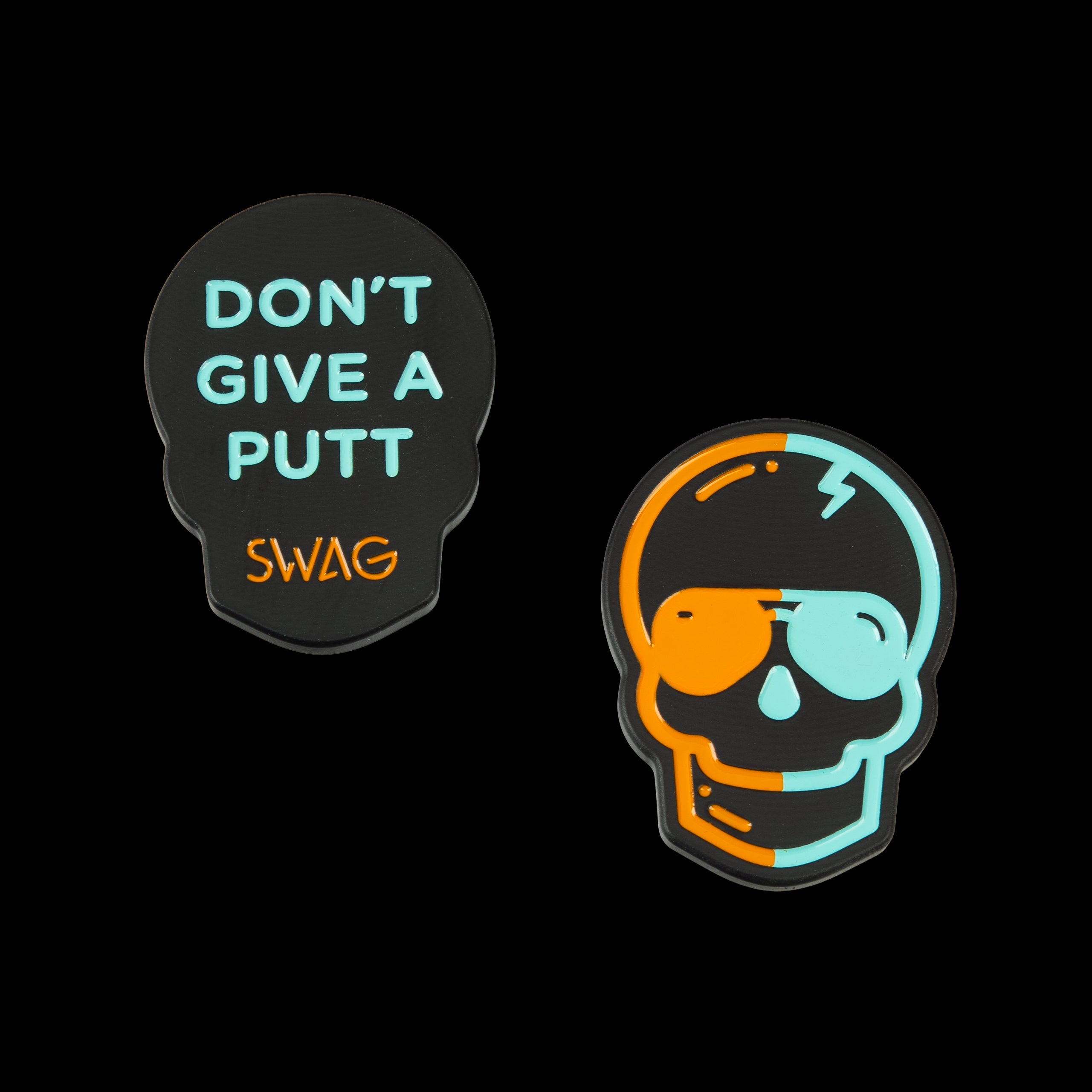 Aviator Skull ball marker with bold teal and orange sunglasses, lightning-bolt detail, and SWAG skull silhouette.