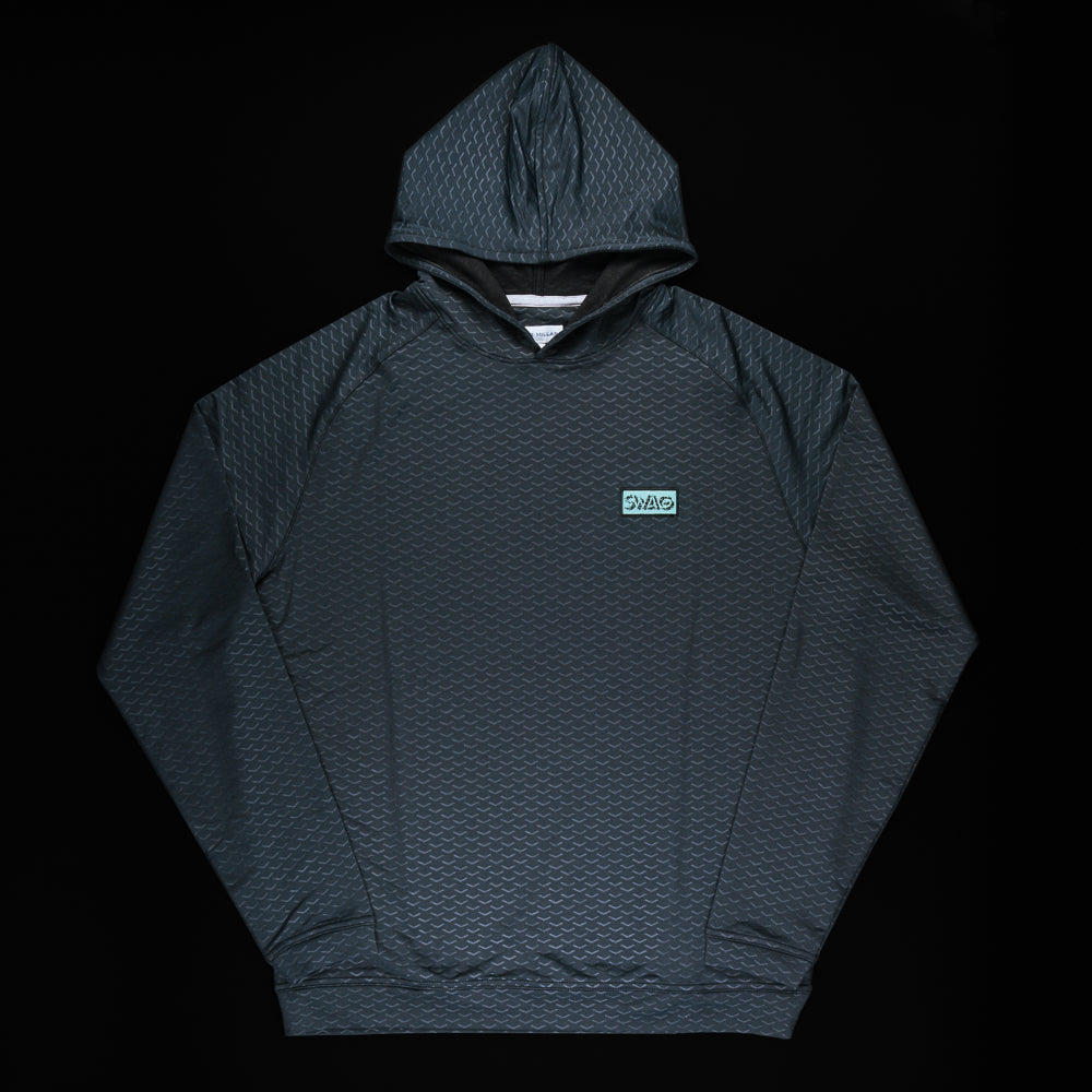 Swag x Peter Millar black pine men's performance golf hoodie.