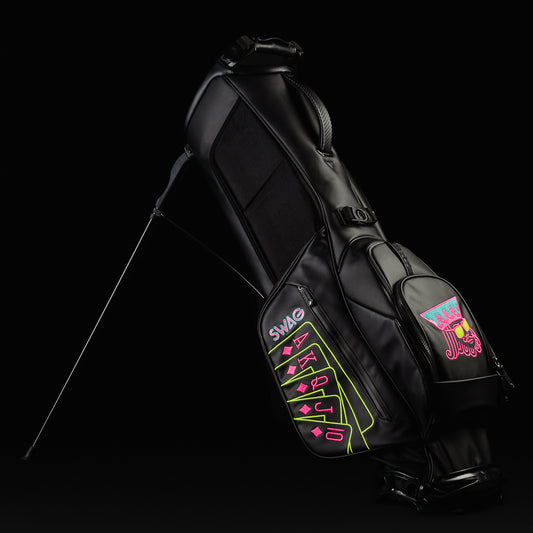 Vessel x Swag black golf stand bag with stacked pink, teal and green kings.