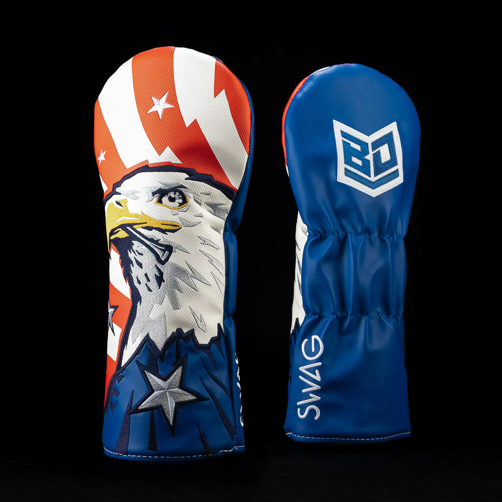 SWAG Golf x Bryson red, white, and blue driver golf headcover with Eagle and BD shield embroidery.