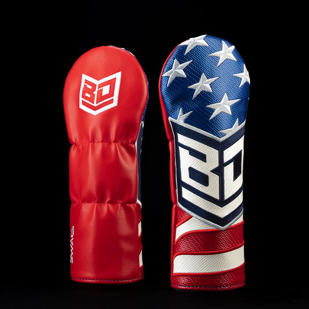 SWAG Golf x BD USA flag fairway wood golf headcover with oversized BD shield logo on the front and smaller shield logo on the red back.