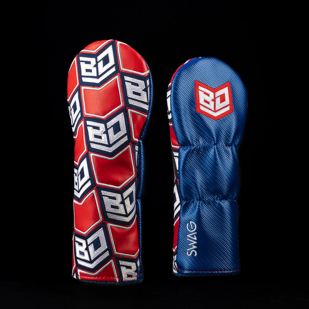 BD x SWAG Golf repeat shield logo pattern red, white, and blue fairway wood golf headcover.