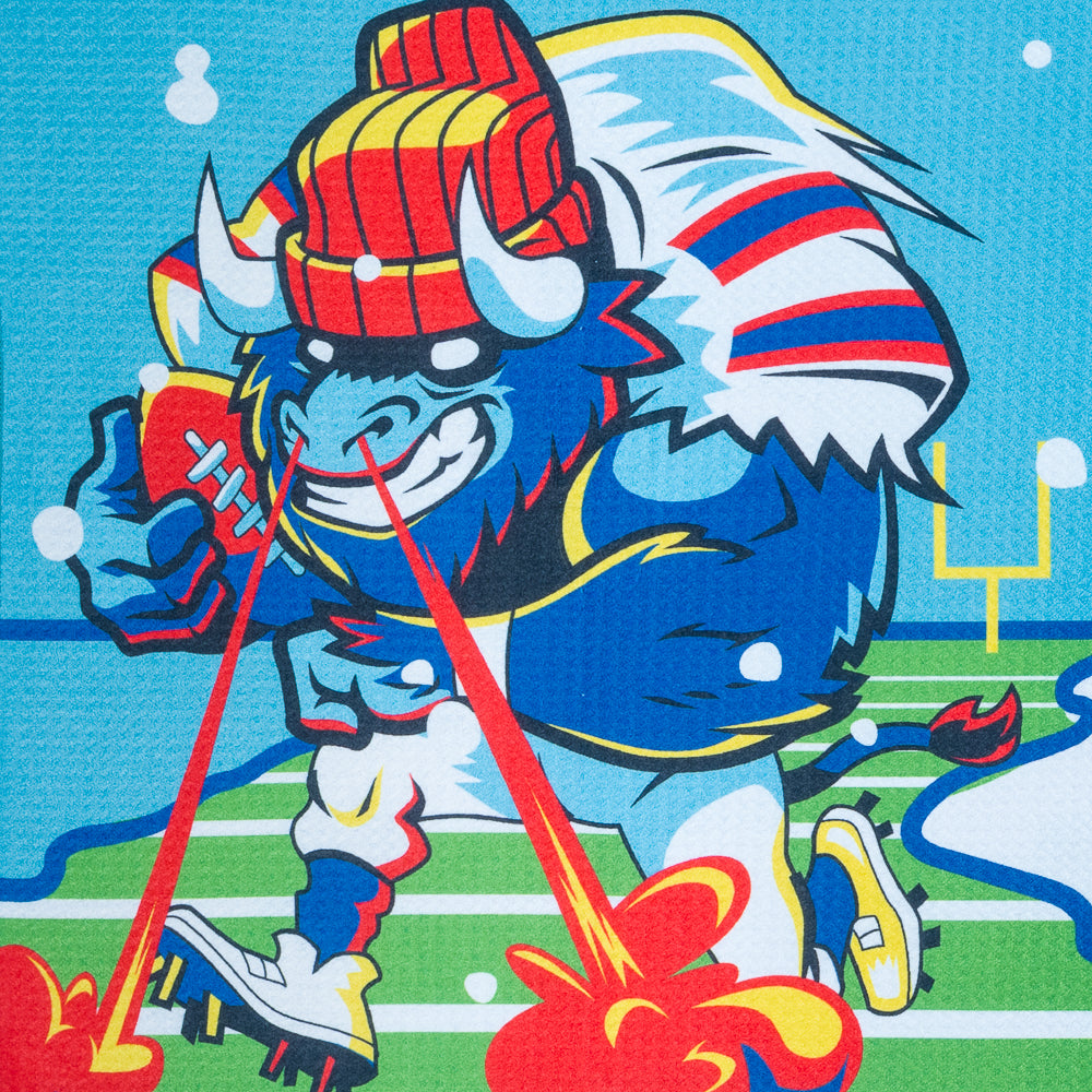 Golf towel with NFL Buffalo Bills cartoon mascot and "Let's Go Buffalo" text on a snow covered football field.