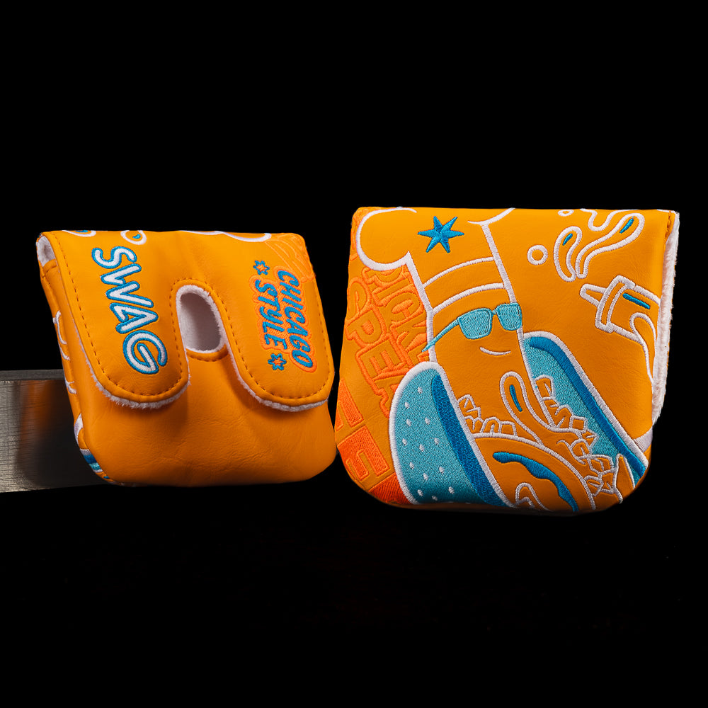 SWAG Golf Jumbo Chicago Style Hot Dog orange and blue XL center shaft mallet golf headcover.