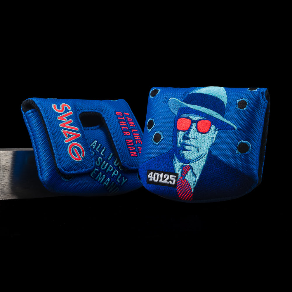 SWAG Golf Al Capone Mugshot themed blue and red center shaft mallet putter golf headcover.