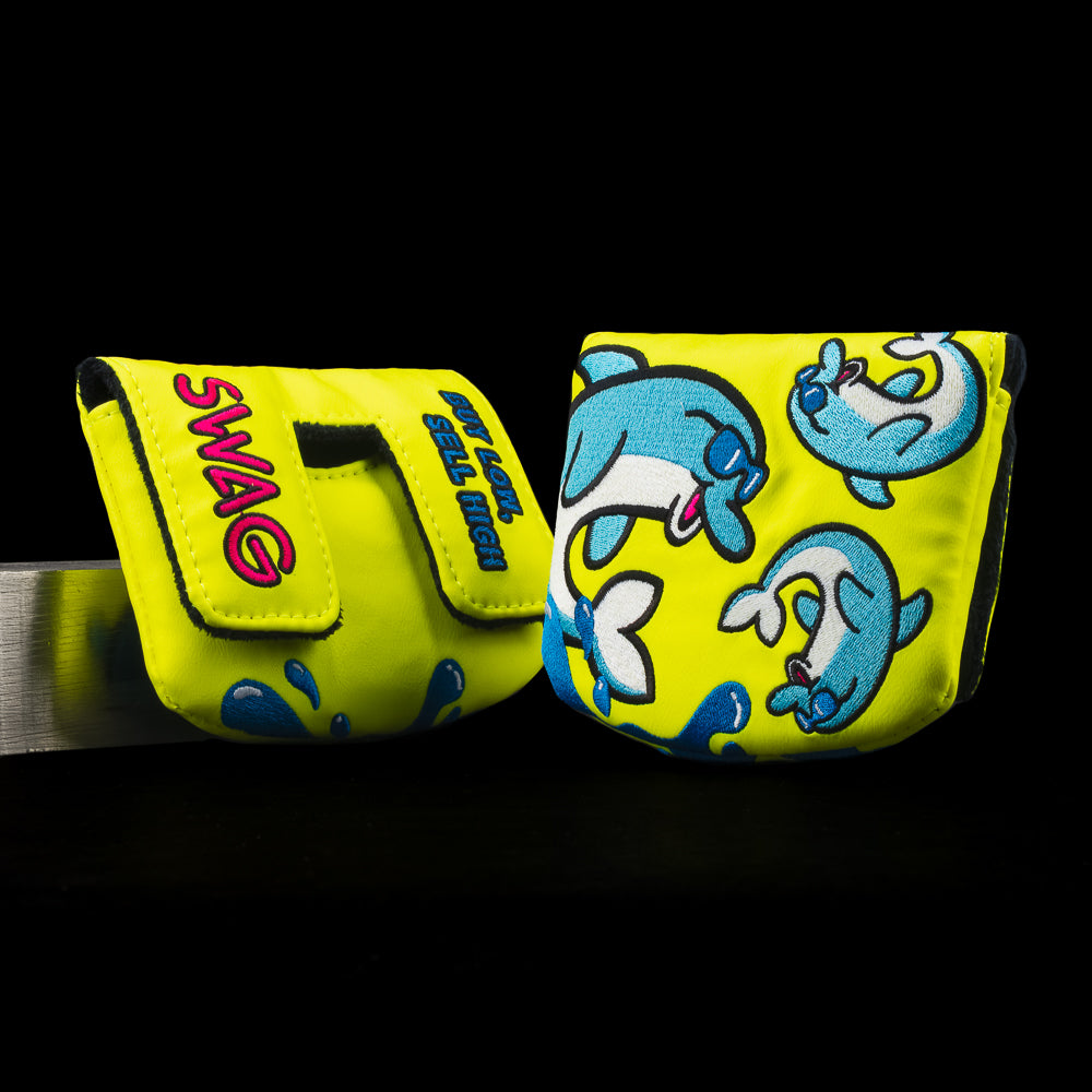 SWAG Golf The Flipper 1.1 yellow and blue dolphin themed center shaft mallet putter golf headcover.