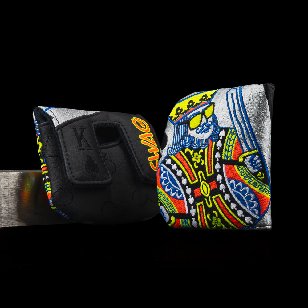 King of SWAG silver and black king card themed center shaft mallet putter golf headcover made in the USA.