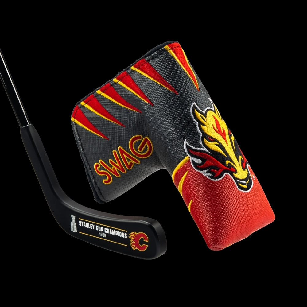 SWAG X Calgary Flames Hockey Blade Putter Stanley Cup Champions 1989 with blazing Flames jersey blade cover.