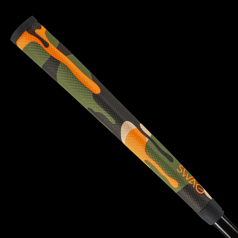 SWAG Golf camo with orange drip midsize putter grip accessory.