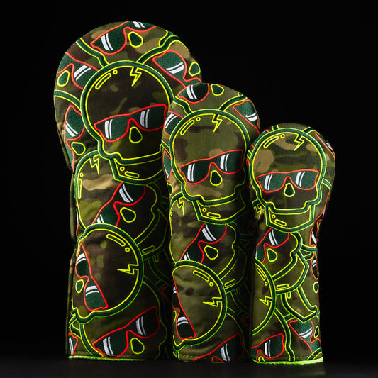 Swag stacked skulls camo, green, yellow, and orange golf wood headcover set - made in the USA.
