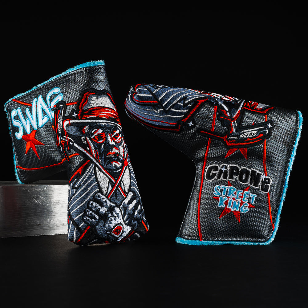 Al Capone street King black, blue and red blade putter golf head cover made in the USA.