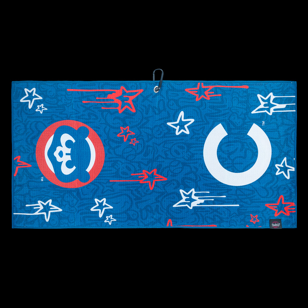 SWAG Golf x Chicago Cubs fully tagged blue, red, and white performance golf towel with carabiner hook.