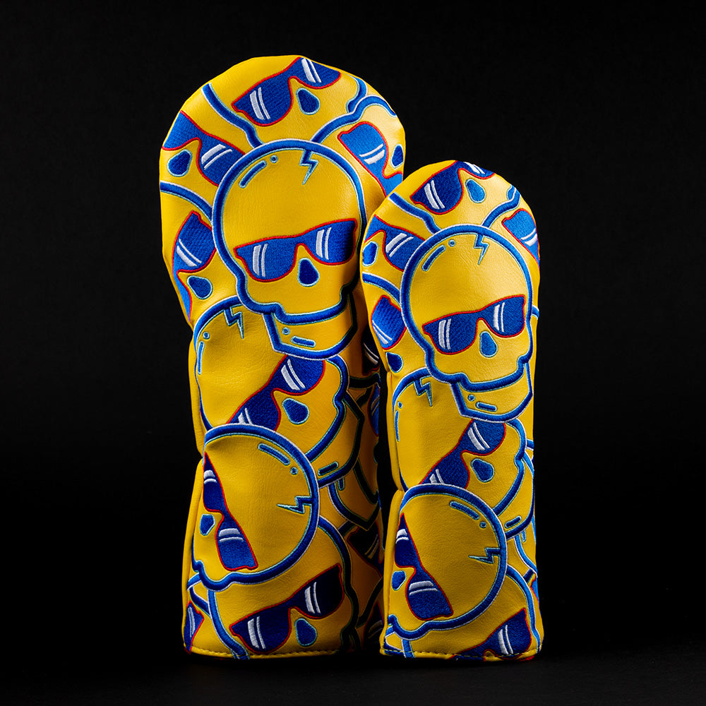 Chicago style stacked skulls 2.0 yellow, blue and red golf wood cover set of driver and fairway. Made in the USA.