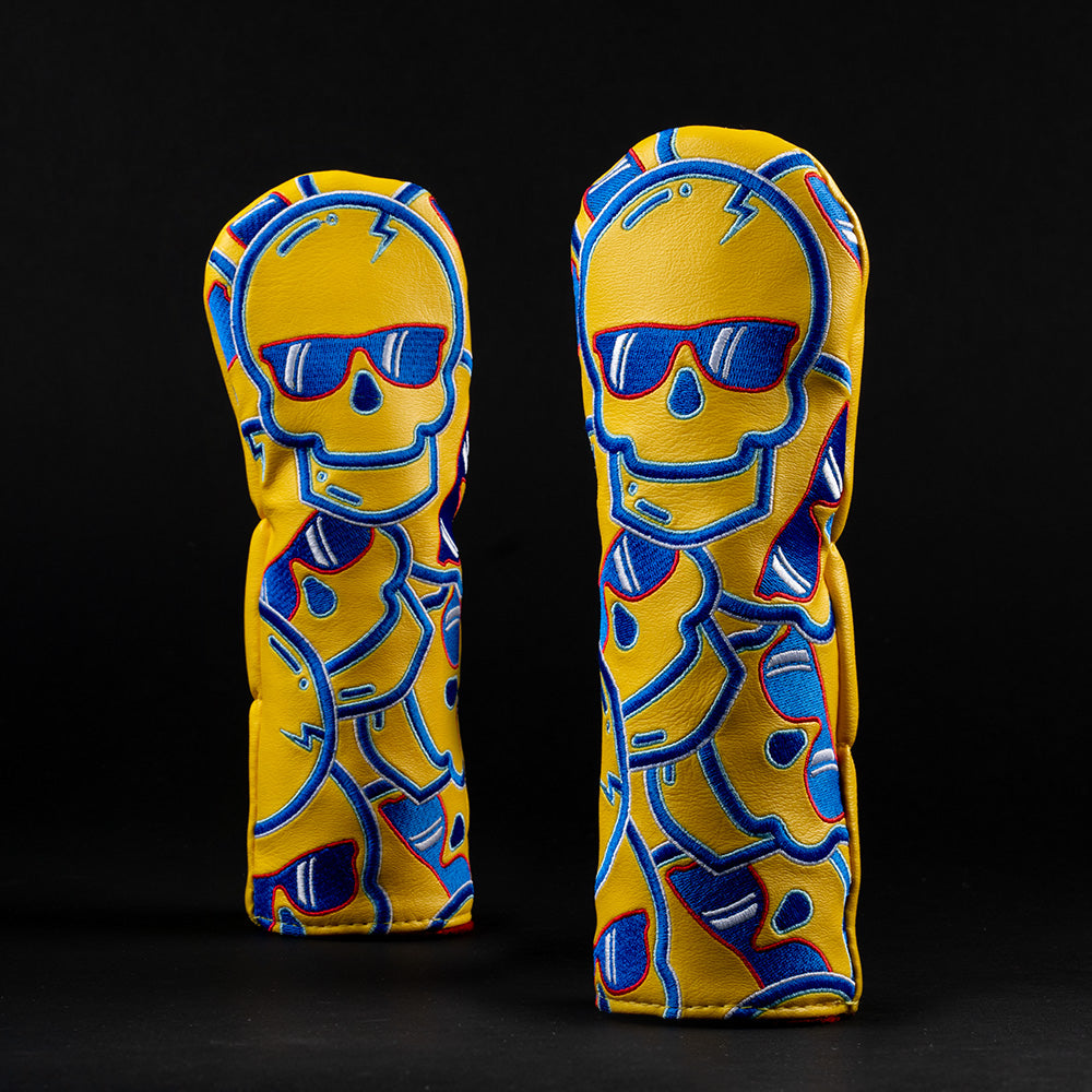 Chicago style stacked skulls 2.0 yellow, blue and red hybrid golf head cover made in the USA.