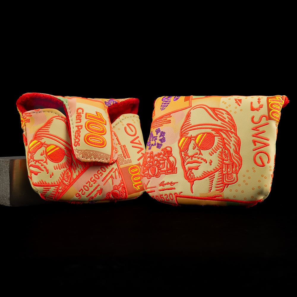 Mallet putter cover with colorful SWAG banknote artwork inspired by Mexican currency