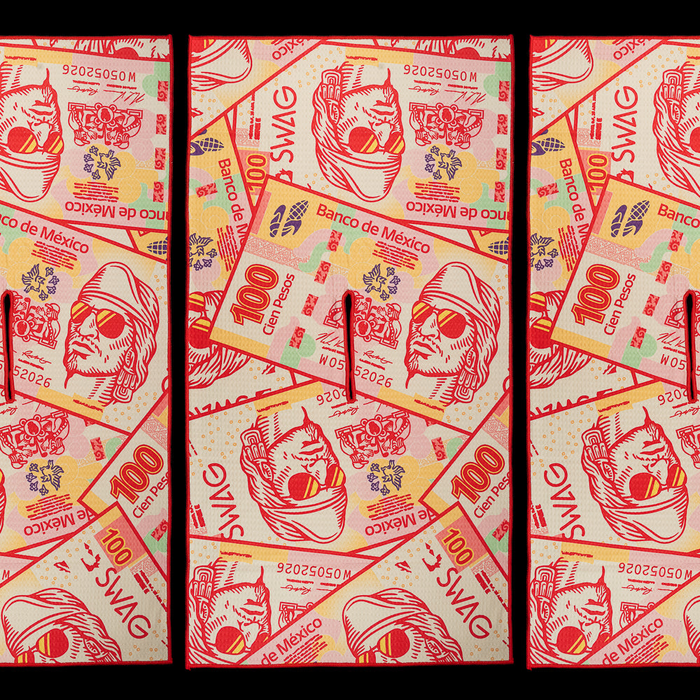 Golf towel featuring colorful collage of SWAG-style banknotes inspired by Mexican currency