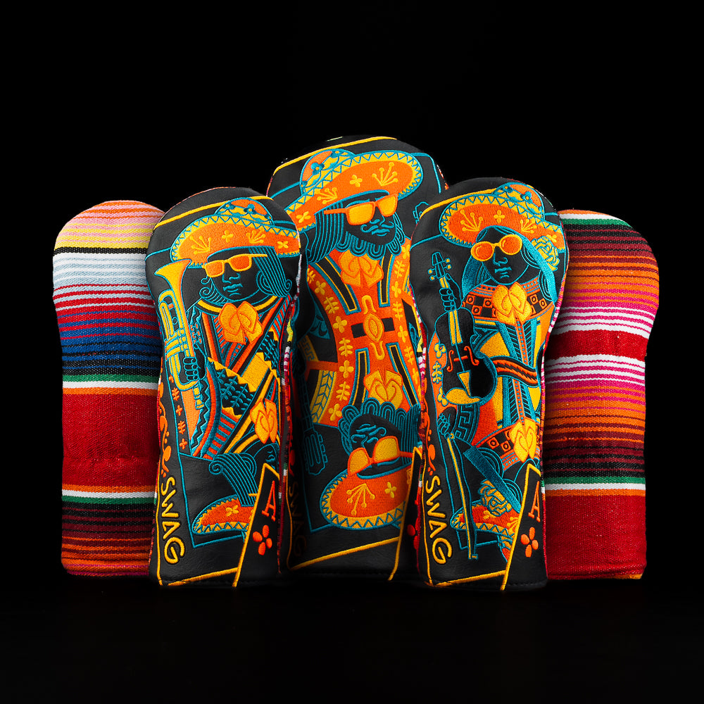 Three SWAG Golf headcovers featuring mariachi inspired King, Queen, and Jack characters with guitars, trumpet, and sombreros in bright fiesta colors.