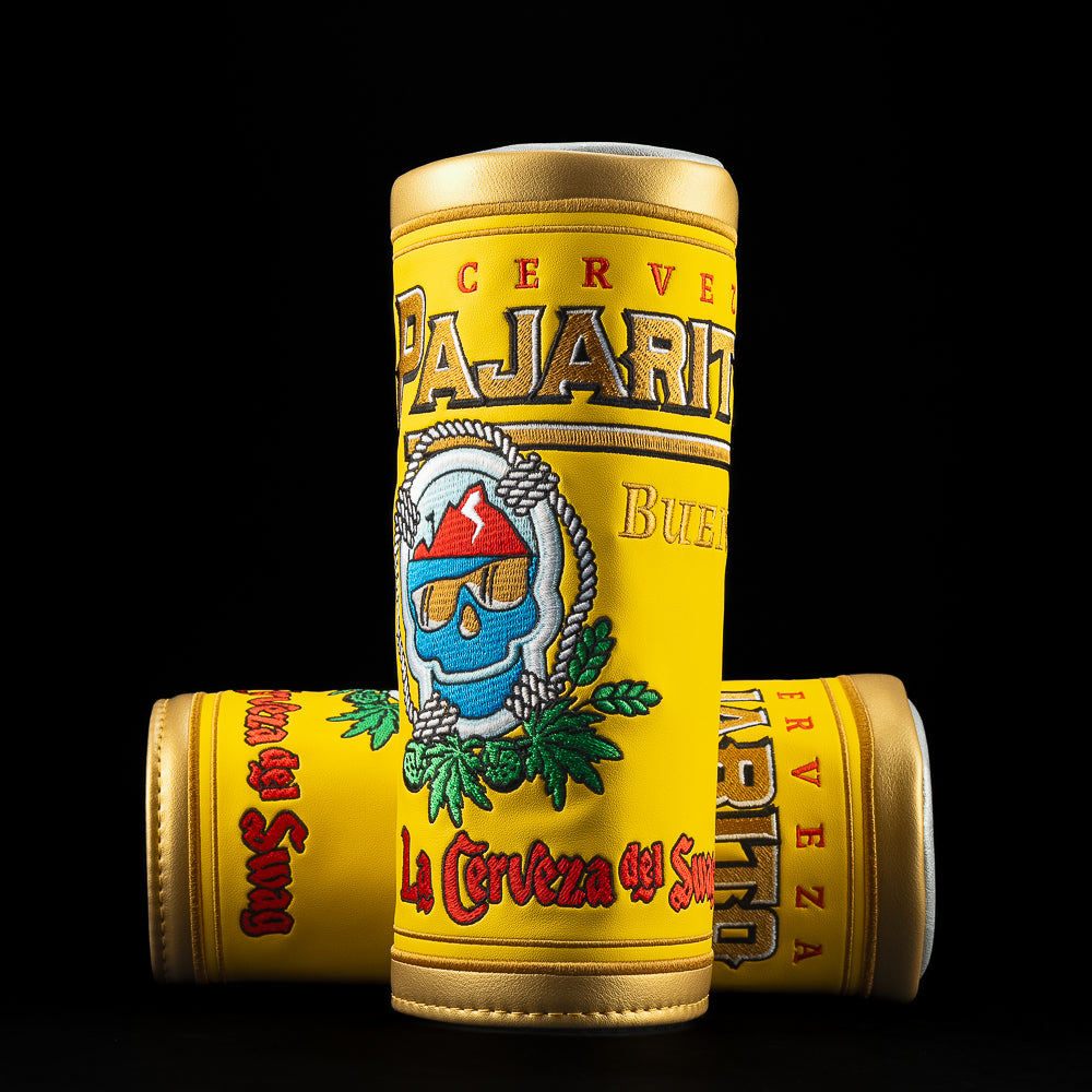 Cerveza-inspired Pajarito Barrel Fairway cover featuring skull emblem, hops artwork, and bold “La Cerveza del Swag” embroidery.