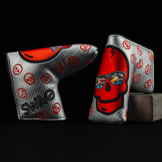 KO Skull in red with silver and boxing scene in the glasses of skull blade putter golf head cover made in the USA.