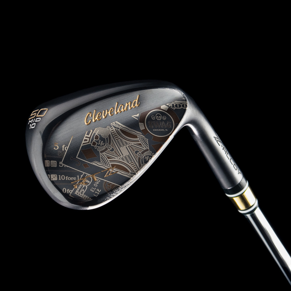 Black satin 50 degree golf wedge with Cleveland x SWAG Golf branding on a black background