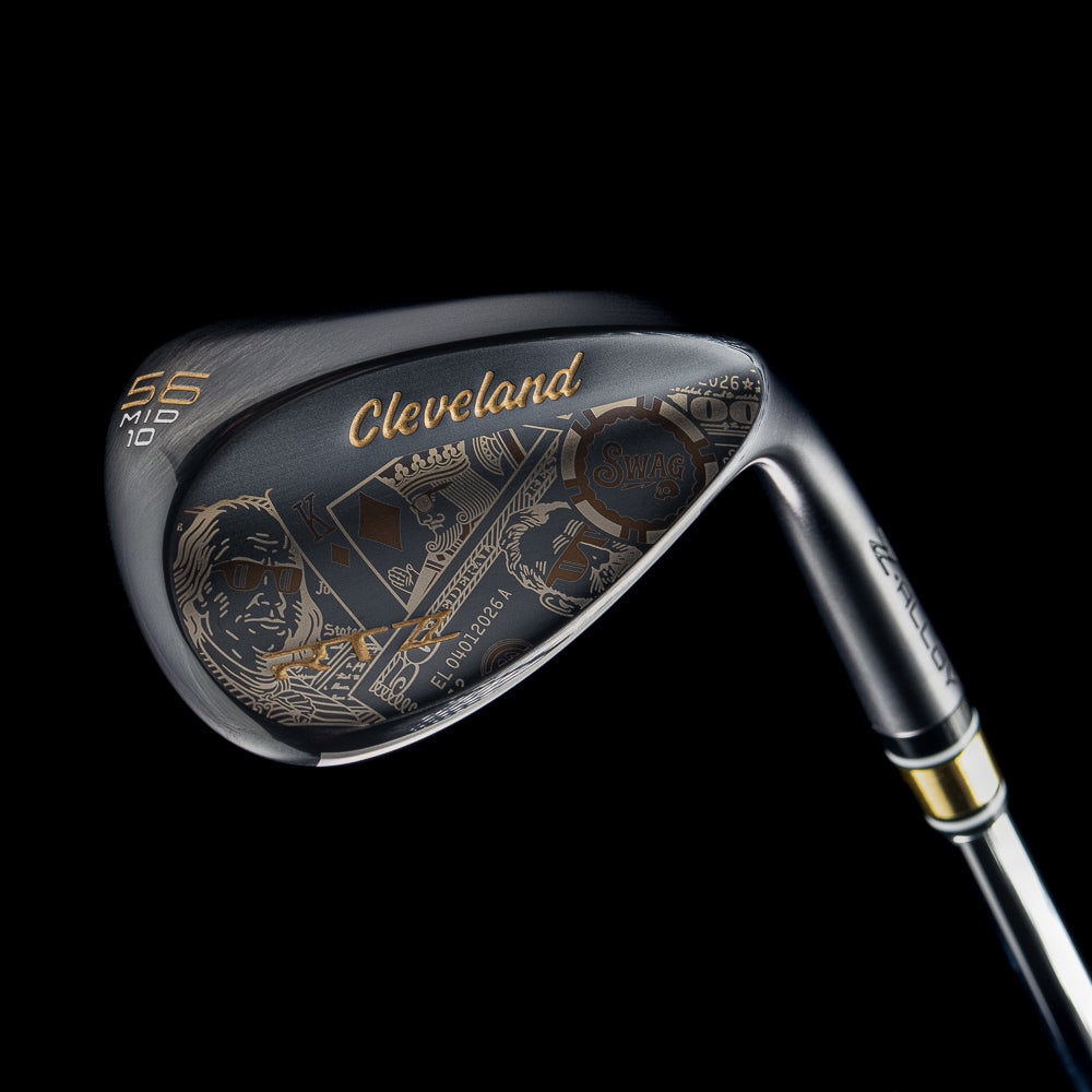 Black satin 56 degree golf wedge with Cleveland x SWAG Golf branding on a black background