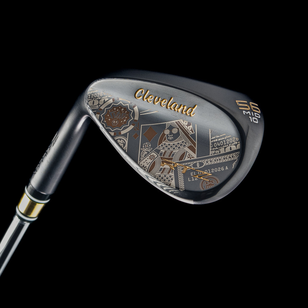 Black satin 56 degree left handed golf wedge with Cleveland x SWAG Golf branding on a black background