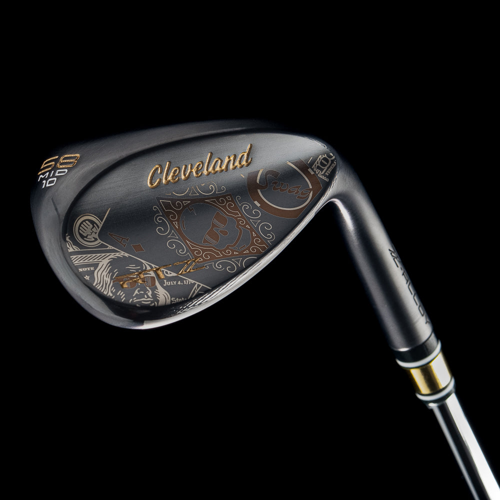 Black satin 58 degree golf wedge with Cleveland x SWAG Golf branding on a black background