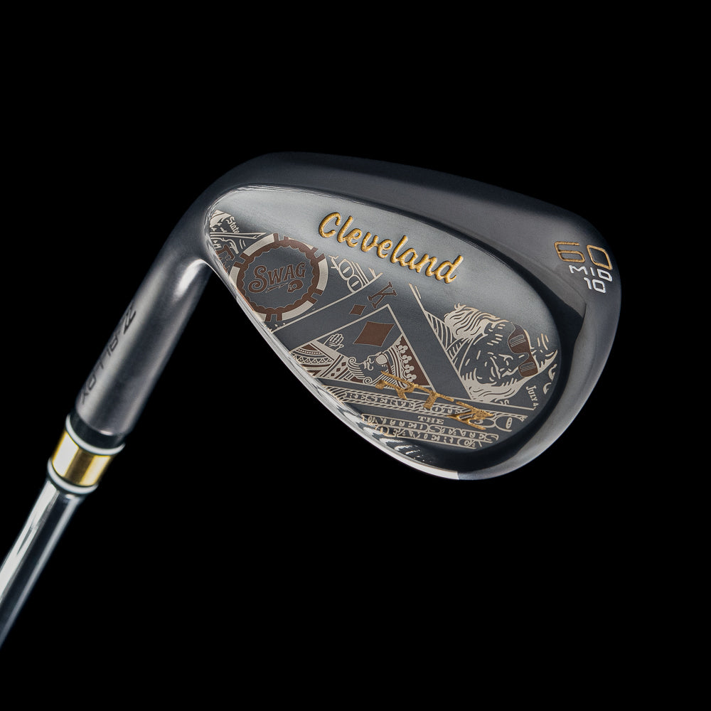 Black satin 60 degree left handed golf wedge with Cleveland x SWAG Golf branding on a black background