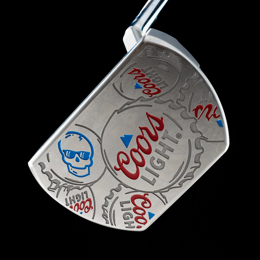 SWAG golf putter and headcover wrapped in stacked Coors Light bottle cap design