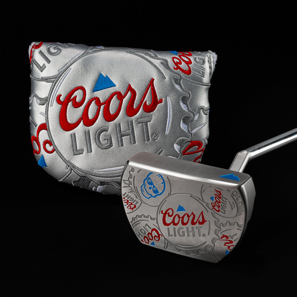 SWAG golf putter and headcover wrapped in stacked Coors Light bottle cap design