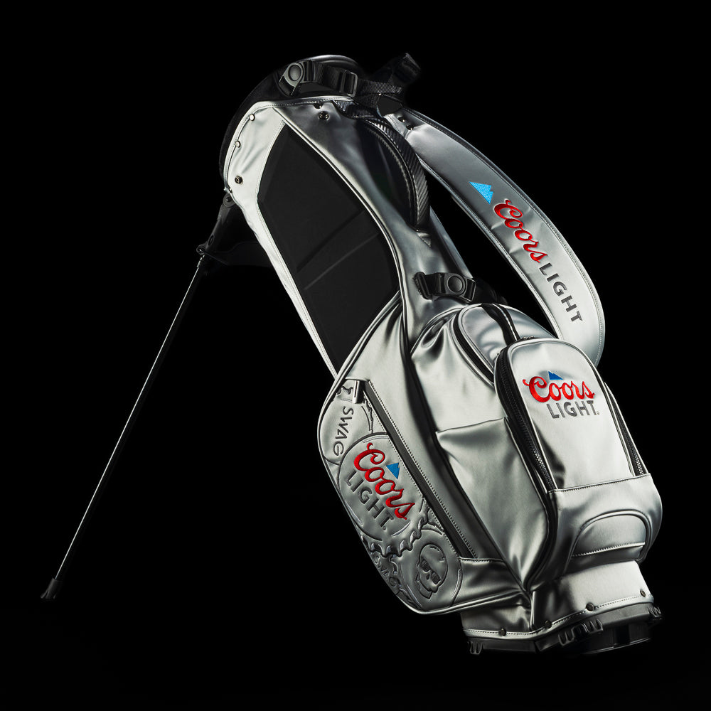 Coors Light golf stand bag with stacked bottle cap design.