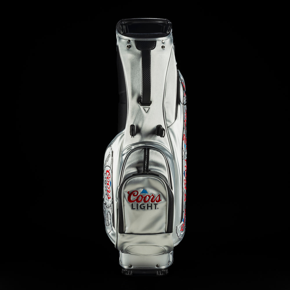 Coors Light golf stand bag with stacked bottle cap design.