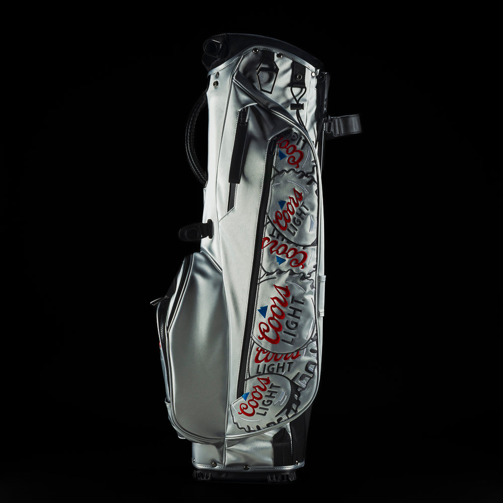 Coors Light golf stand bag with stacked bottle cap design.